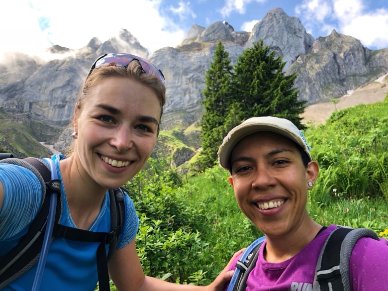 two girls hiking in the swiss alps