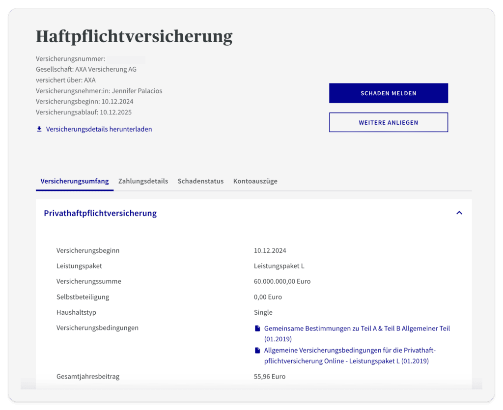 Screenshot from Axa Customer Portal to show liability policy