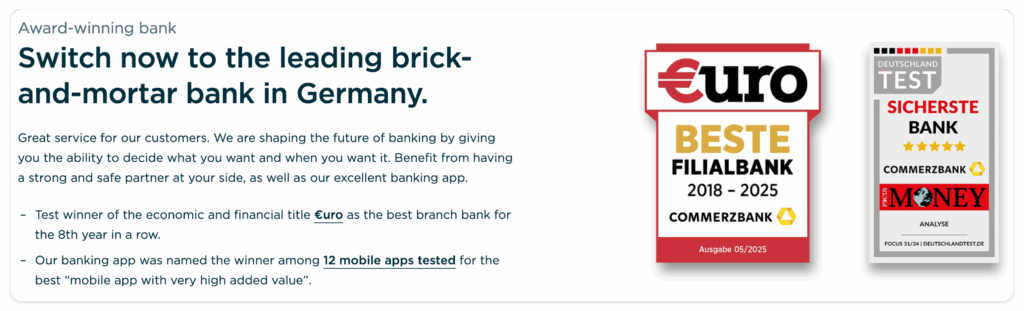 Test awards for Commerzbank for being the best and safest branch bank.