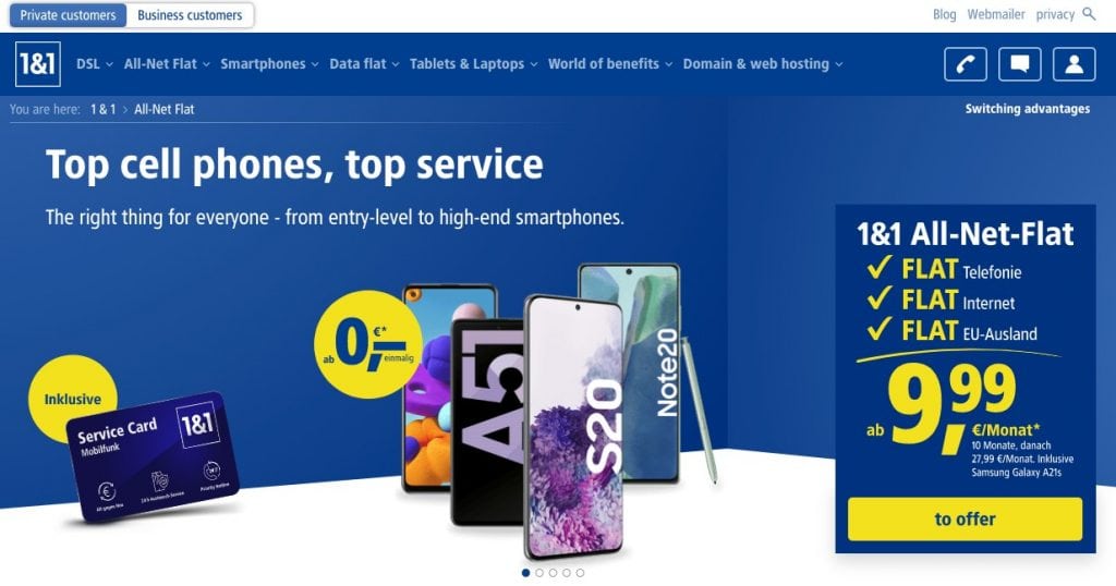 1&1 homepage
