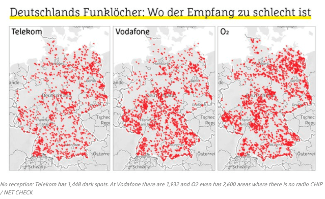 Maps showing the dark spots of Telekom, Vodafone and O2 in Germany