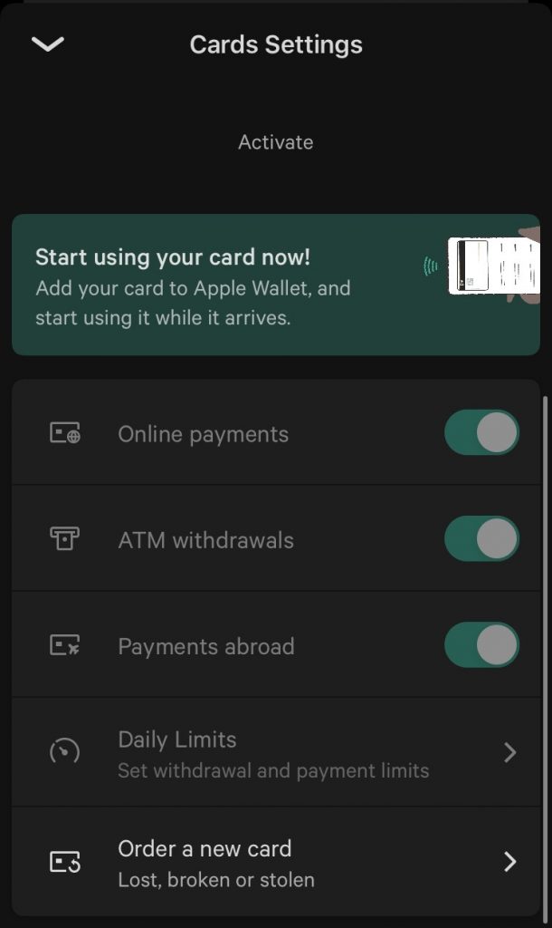 N26 card settings in app