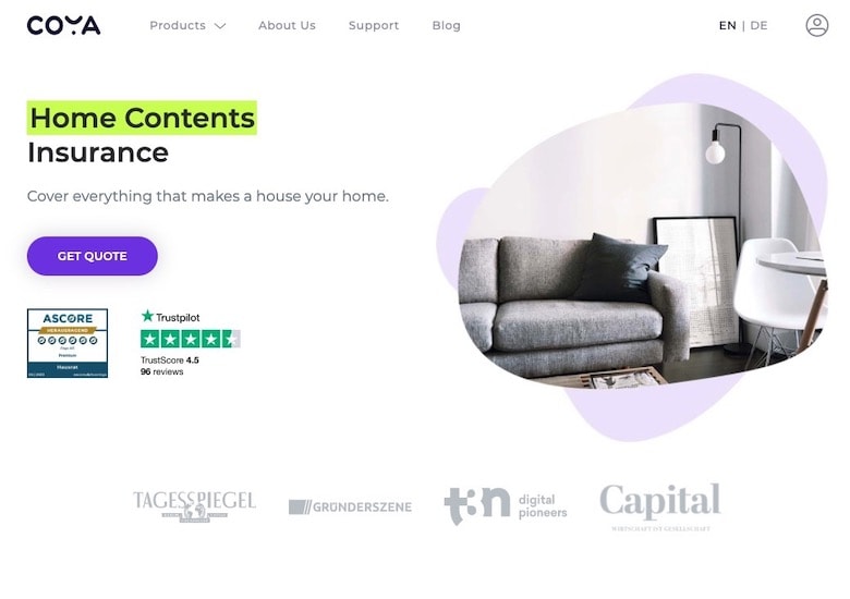 Screenshot of Coya's home page