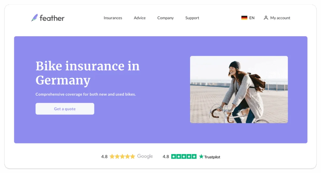 Screenshot of Feather bike insurance
