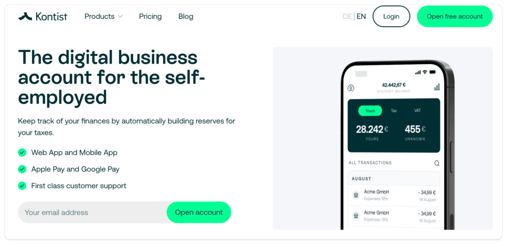 Kontist homepage screenshot