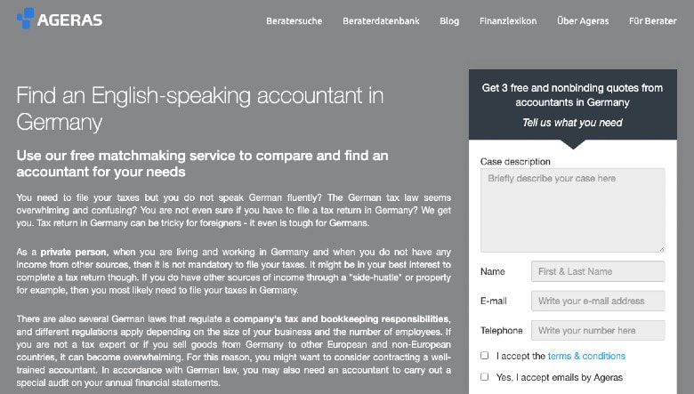 Homepage of webservice Ageras