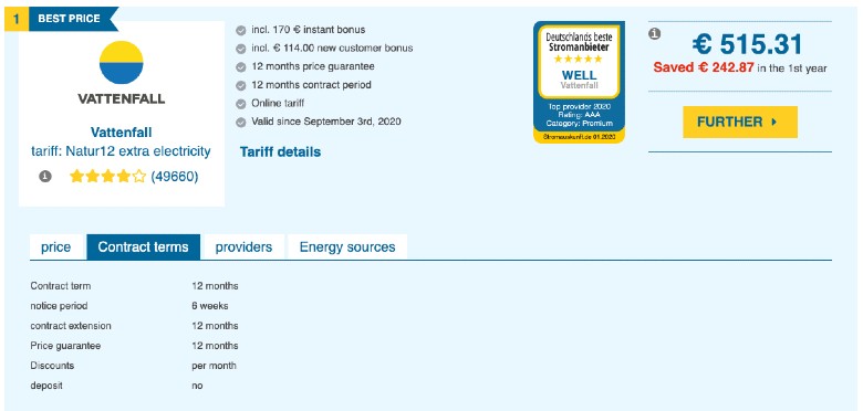 example calculation for electricity provider comparison