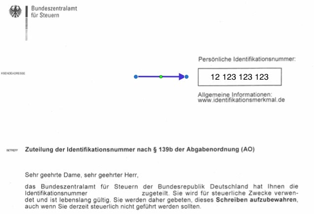 German tax ID on official document from the Bundeszentralamt für Steuern