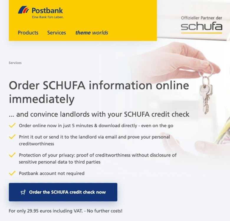 Screenshot of the Postbank website, where you can order a Schufa online