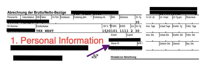 Example of where to find the tax ID on a German payslip