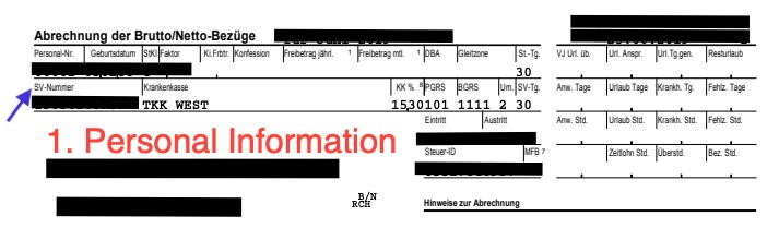Example of the social security number on a German payslip