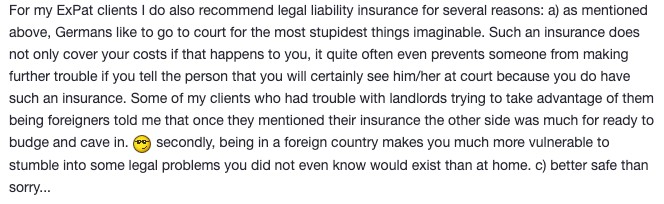 copy of Toytown thread stating why legal insurance in Germany is important