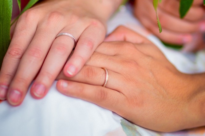 Picture of two hands with wedding rings holding each other