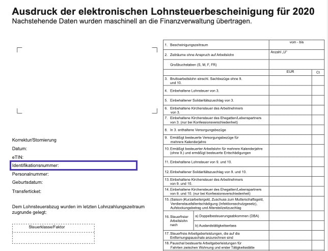 Example of where to find the German tax ID on the income tax report
