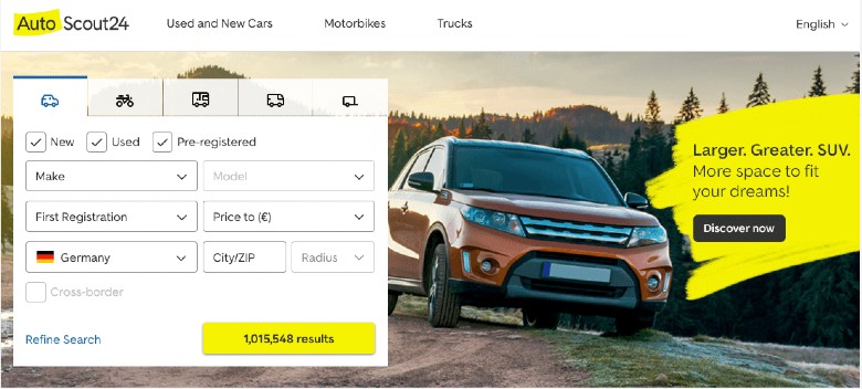 Screenshow of the filter criteria for car searches