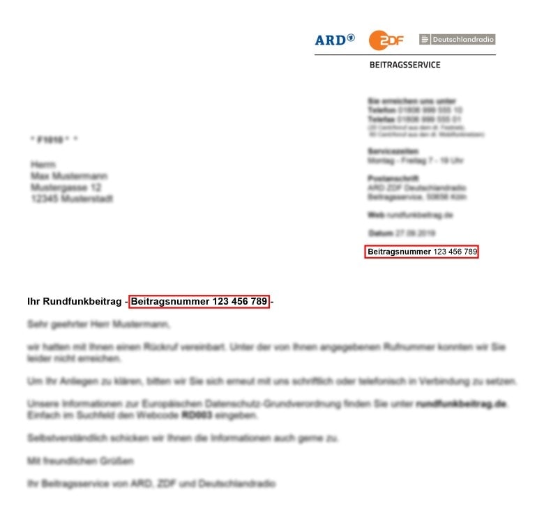 Example Letter to pay your radio tax in Germany