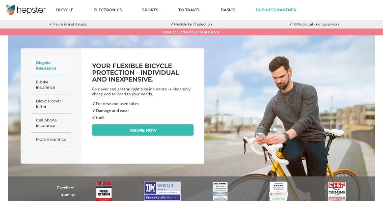 Screenshot of Hepster Bike Insurance