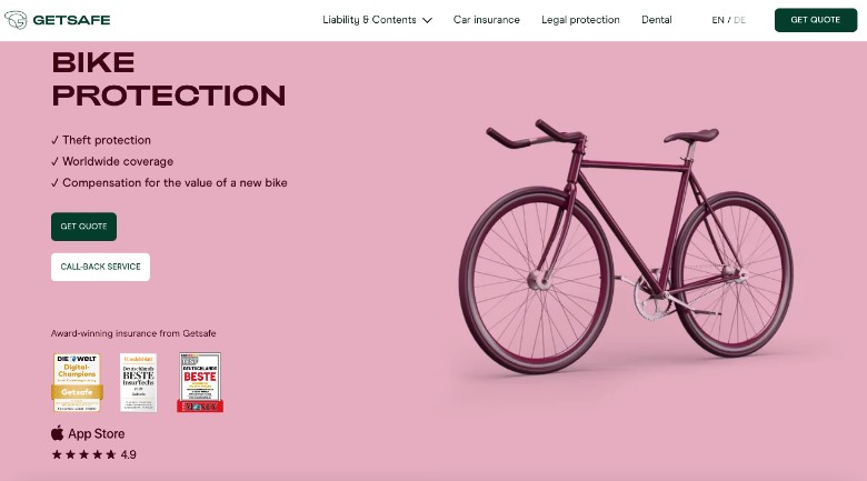 Getsafe Bike Theft Insurance Homepage