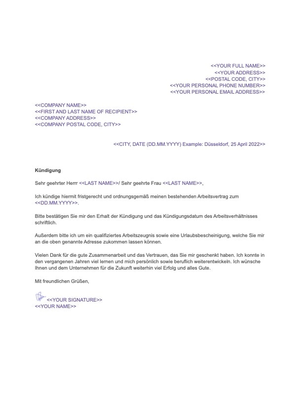 Sample of Termination Letter in Germany