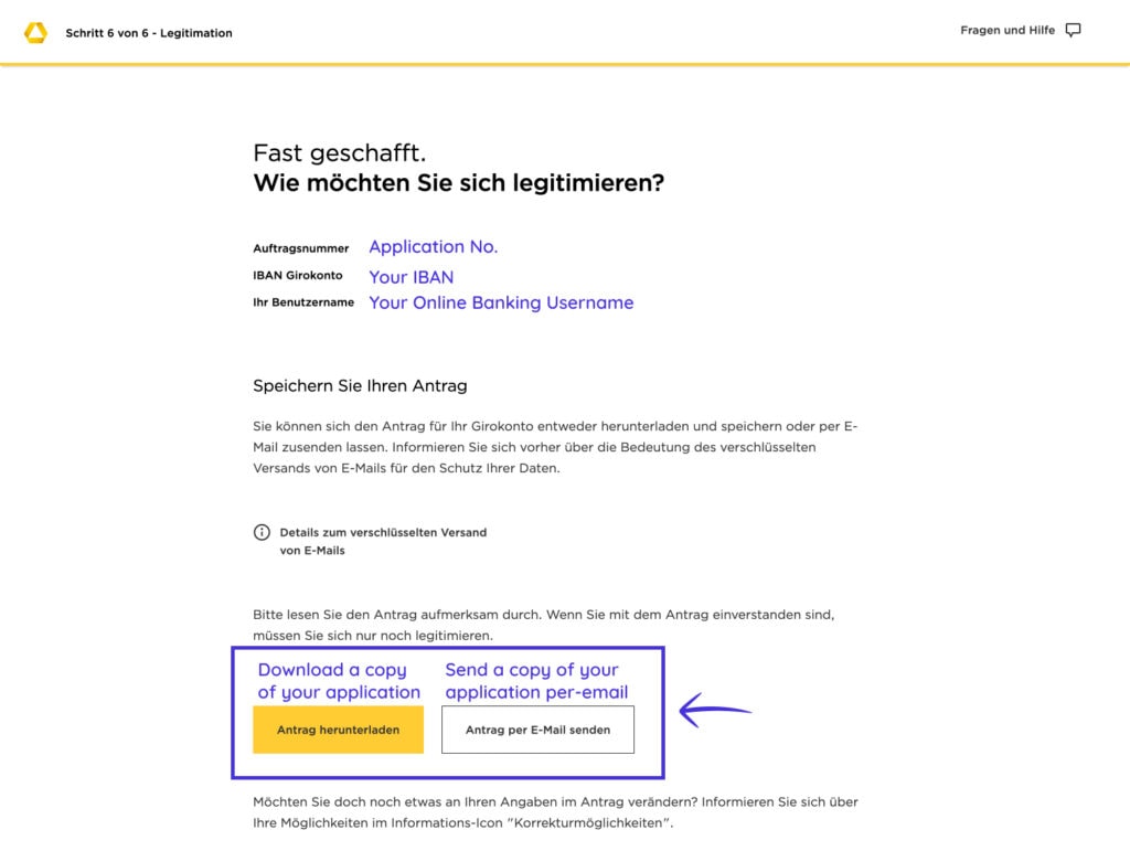 Translation of last screen of opening an account with Commerzbank in Germany