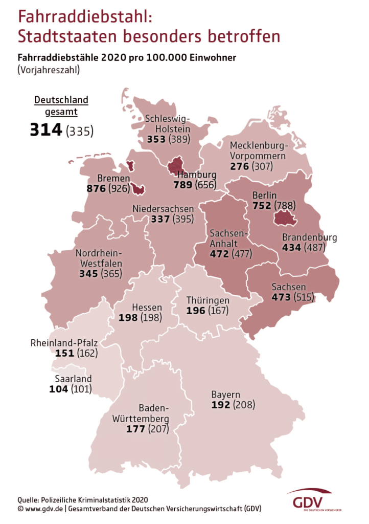 Map of Germany with numbers of bike thefts per state