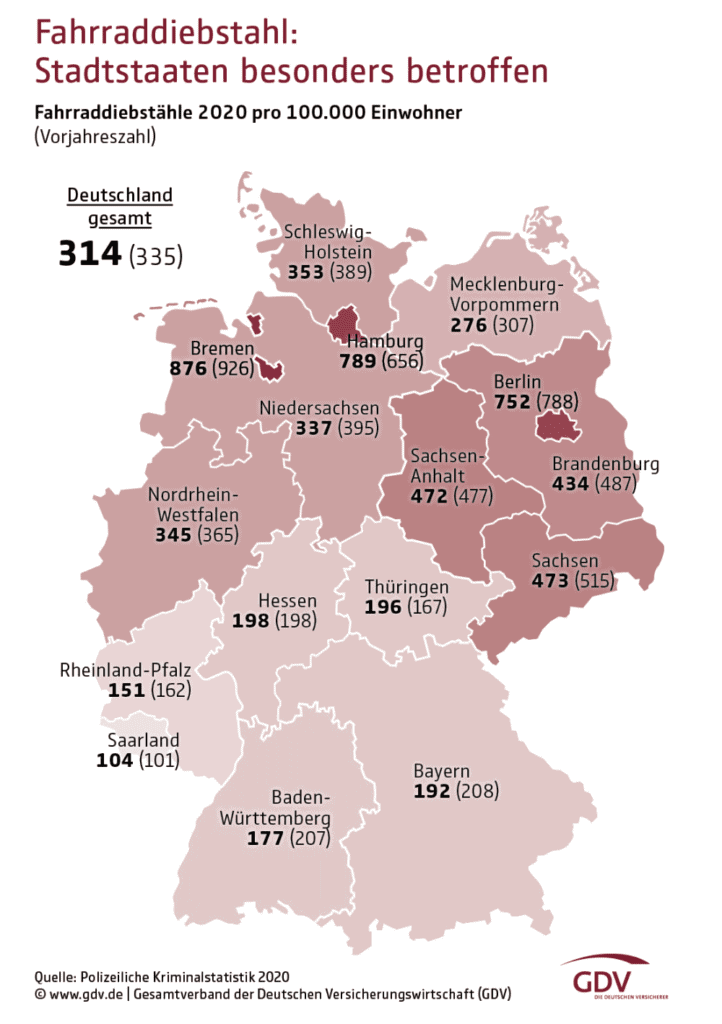 Map of Germany with numbers of bike thefts per state