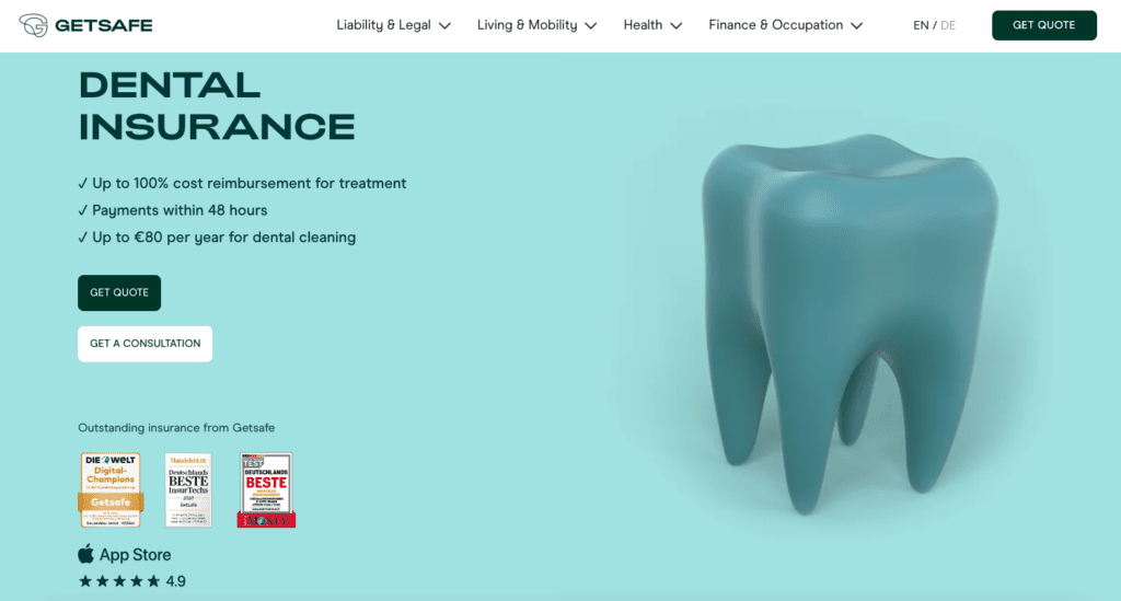 Getsafe dental insurance homepage
