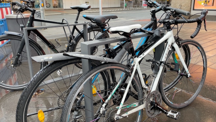 bikes locked on a bike rack