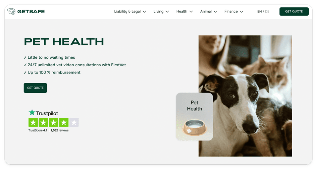 Getsafe Dog Health Insurance Homepage
