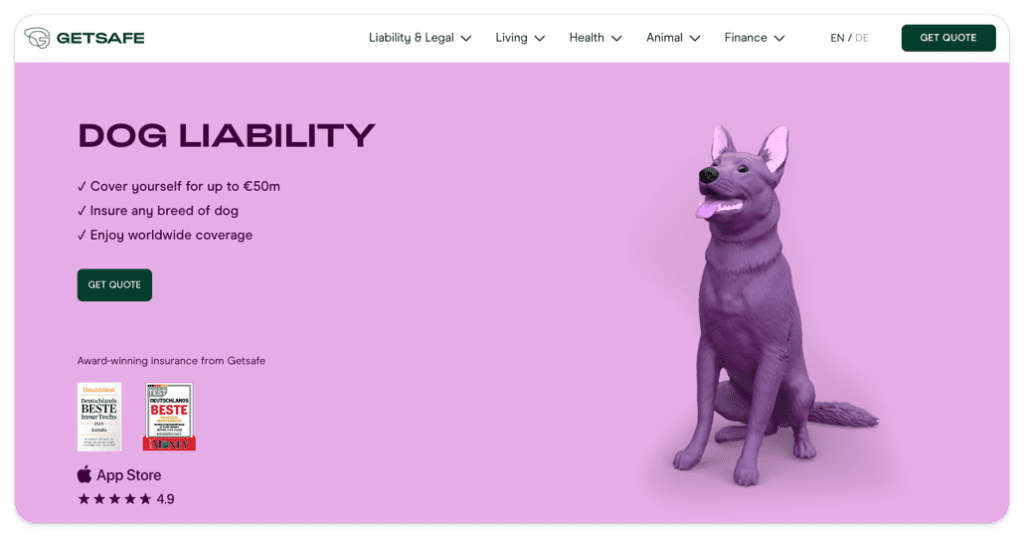 Getsafe Dog Liability Homepage