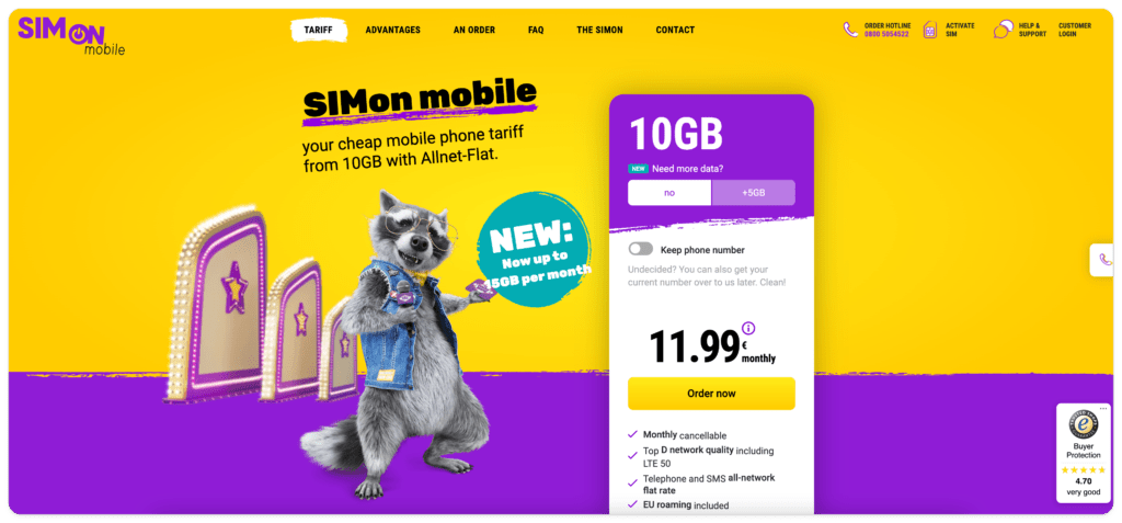 SIMon mobile homepage screenshot