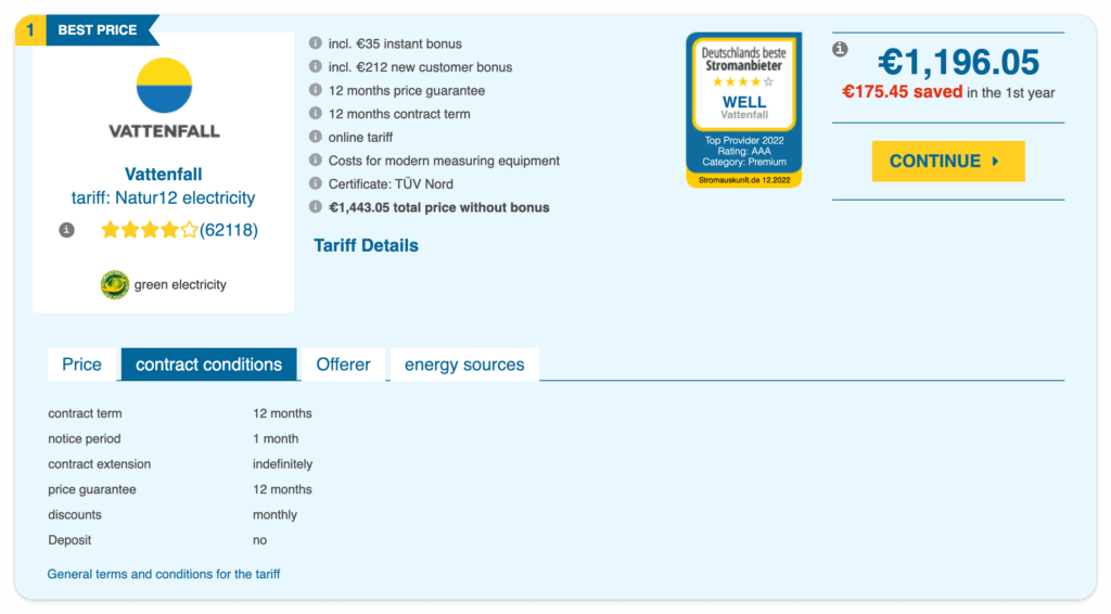 Screenshot of an electricity provider price in Germany