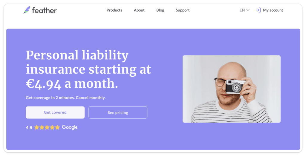 Screenshot of Homepage for Private Liability from Feather