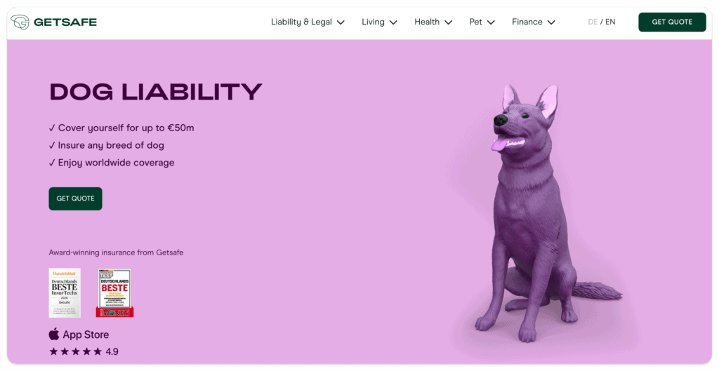 Screenshot of Homepage for Dog Liability Insurance from Getsafe