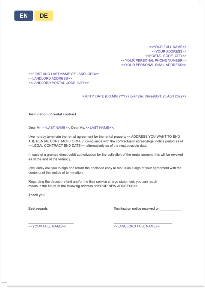 Apartment notice of termination template in English and German image