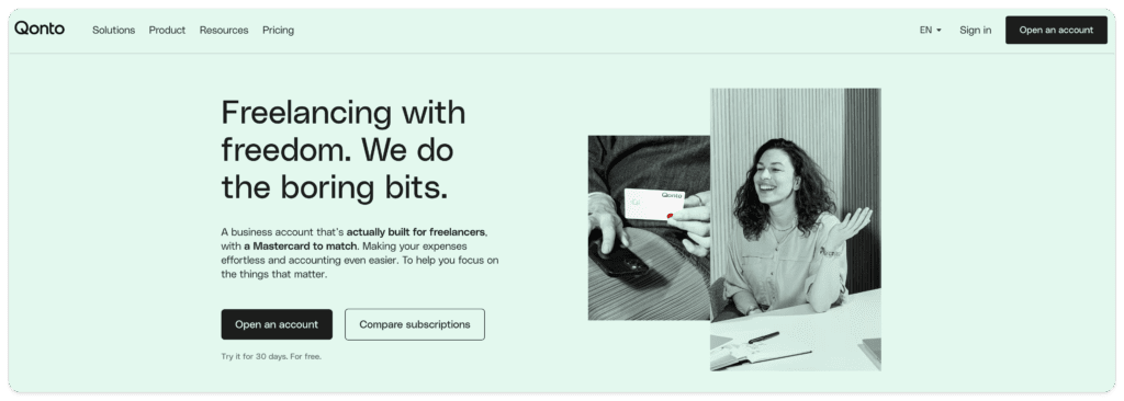 Screenshot of Qonto homepage for freelancers 
