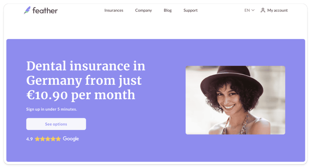 Screenshot of landing page of dental insurance from Feather