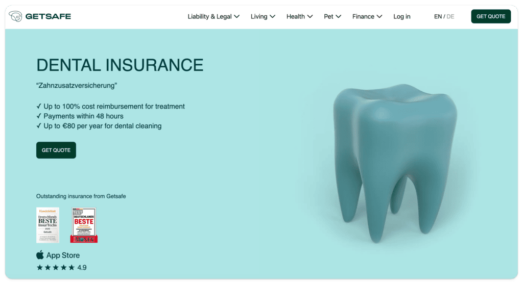 Screenshot of landing page of dental insurance from Getsafe