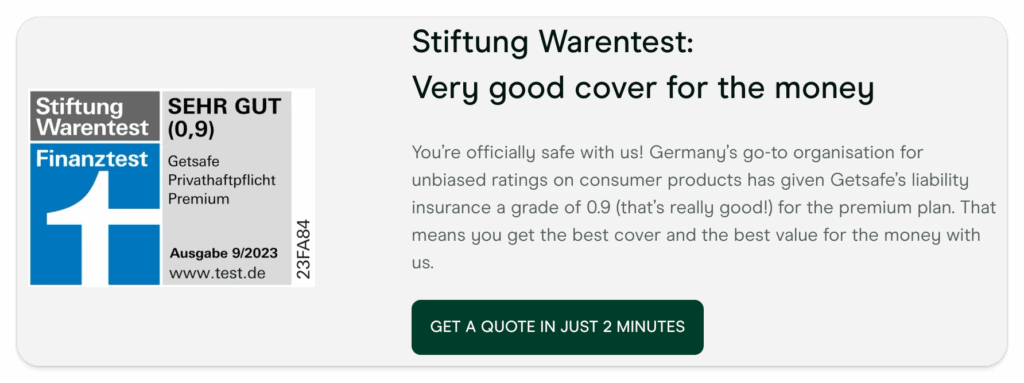 Screenshot from Getsafe landing page showcasing the Stiftung Warentest award.