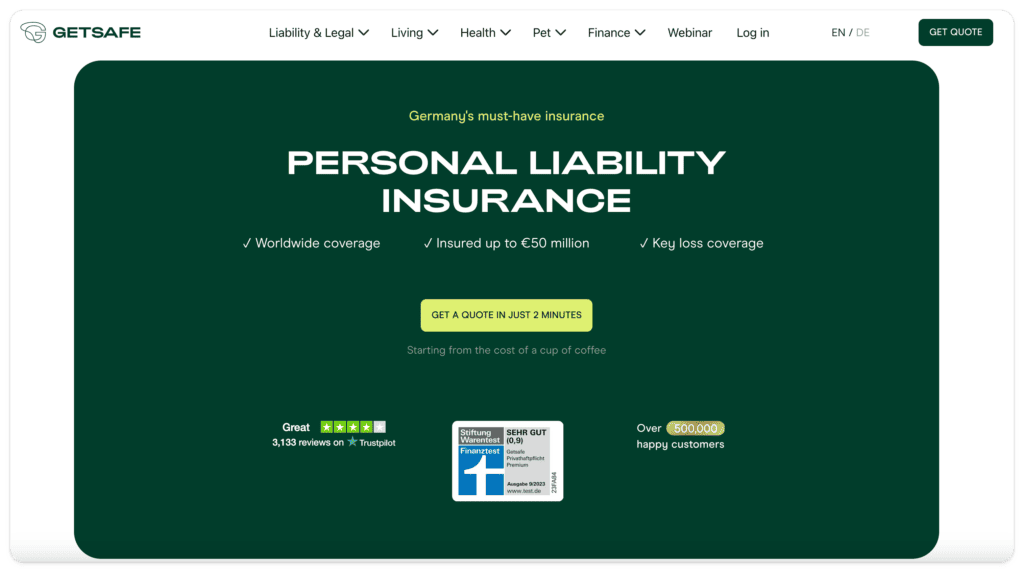 Screenshot of landing page Getsafe liability insurance