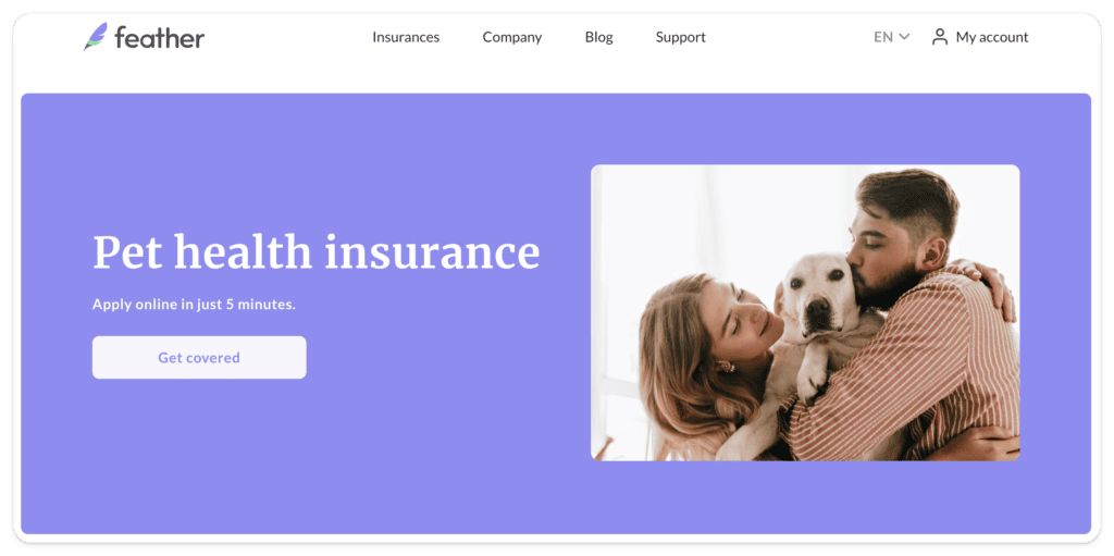 Screenshot of Homepage for Dog Health Insurance from Feather