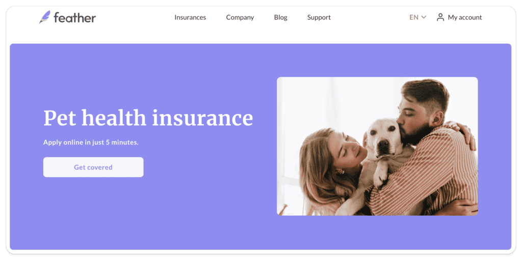 Screenshot of Homepage for Dog Health Insurance from Feather