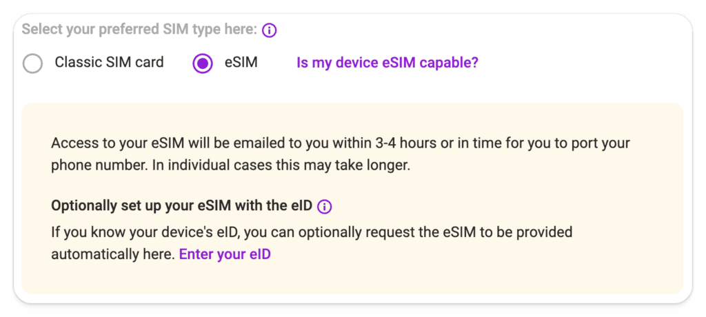 Screenshot of Sim type from SIMon when ordering online