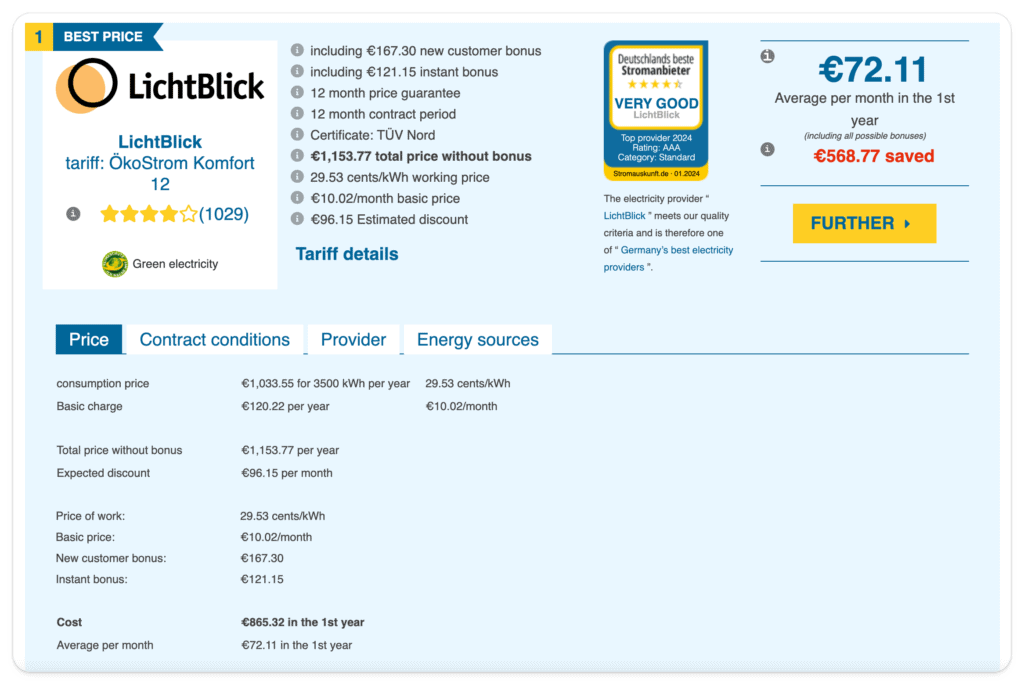 Screenshot of the best electricity provider in Germany according to StromAuskunft