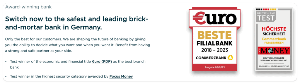 Test awards for Commerzbank for being the best and safest branch bank.