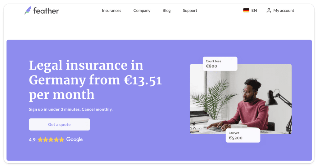 Screenshot of Feather Legal Insurance website