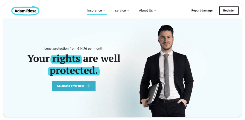 Screenshot of Homepage of the Legal Insurance from Adam Riese